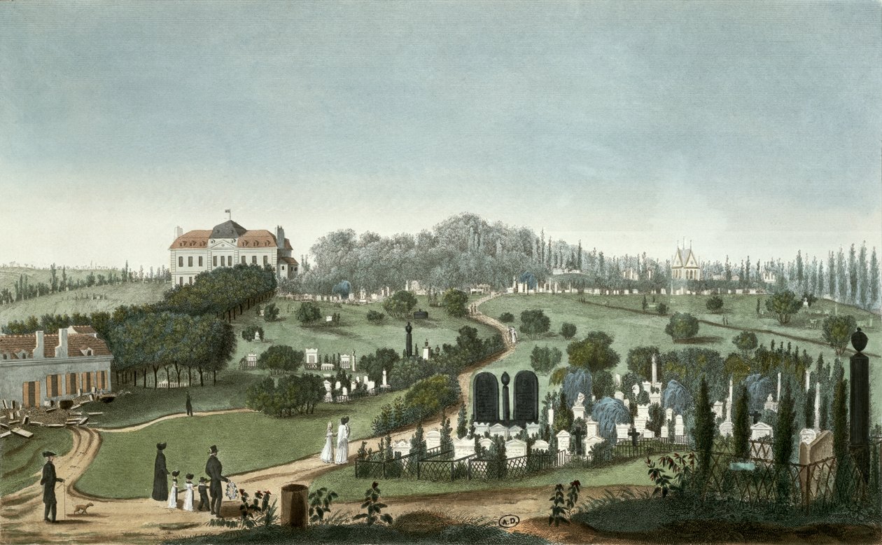 Vista do cemitério de Pere Lachaise da entrada, 1815 (gravura a cores) de Pierre Courvoisier
