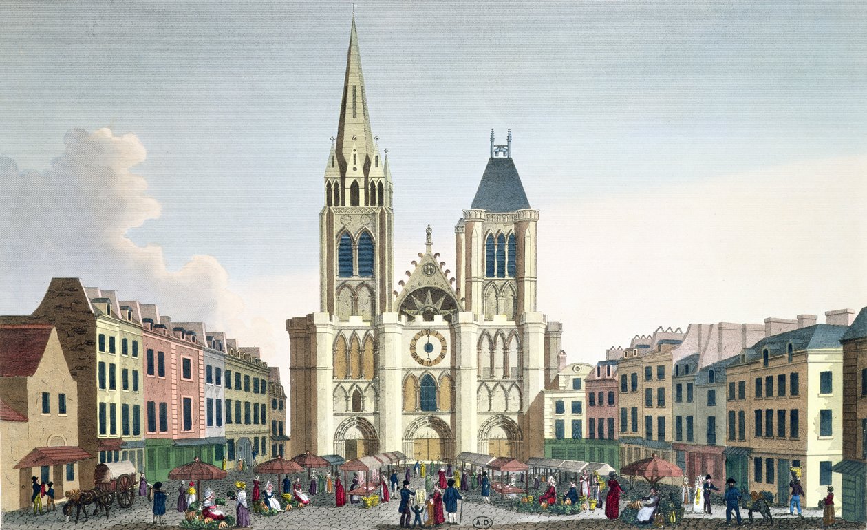 Vista da fachada da Igreja de Saint-Denis, perto de Paris, c.1820 (gravura de cor) de Pierre Courvoisier
