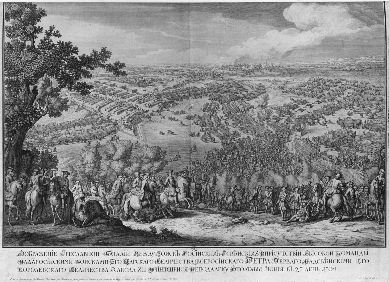 A batalha de Poltava, gravada por um membro da família Nicolas Larmessin, 1709 de Pierre Denis Martin
