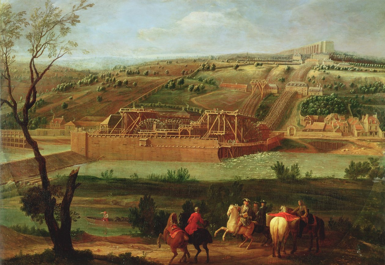 Vista da Marly Machine e do aqueduto em Louveciennes, 1722 de Pierre Denis Martin