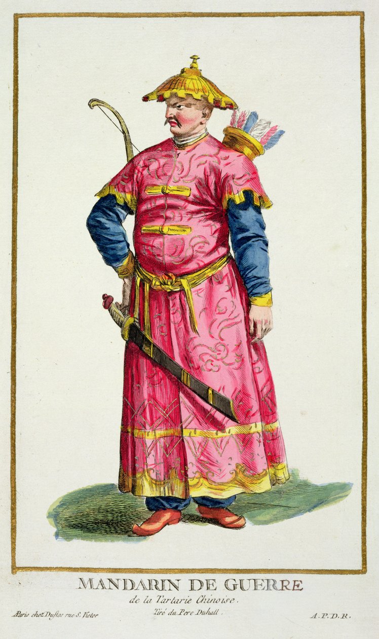 Mandarin Warlord de &39;Réuil des Estampes, Representando Ranges e Dignites, Seguindo o Traje de Todas as Nações Existentes&39;, publicado em 1780 (gravura colorida à mão) de Pierre Duflos