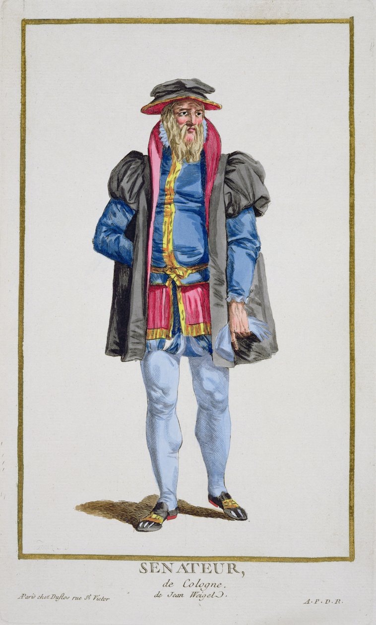 Um senador de Köln de "Coleção de gravuras, representando escalas e dignos, seguindo o traje de todas as nações existentes", publicado em 1780 (gravura colorida à mão) de Pierre Duflos