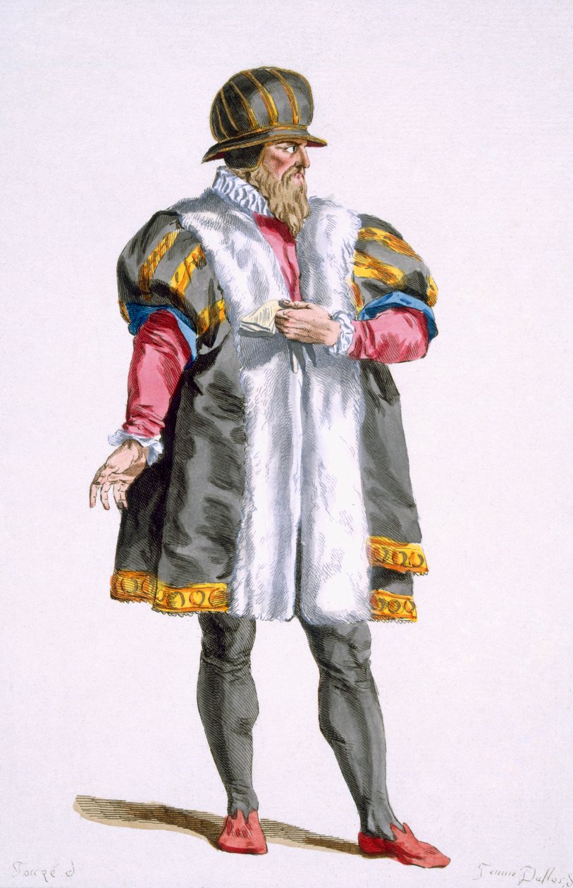 Senador de Leipzig, de "Coleção de gravuras, representando faixas e dignidades, seguindo o figurino de todas as nações existentes", publicado em 1780 (gravura colorida à mão) de Pierre Duflos