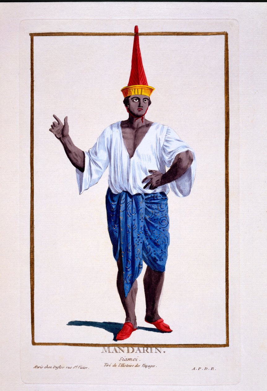 Um mandarim Siam, ou notável, de "Coleção de gravuras, representando escalas e dignidades, seguindo o traje de todas as nações existentes", publicado em 1780 (gravura colorida à mão) de Pierre Duflos