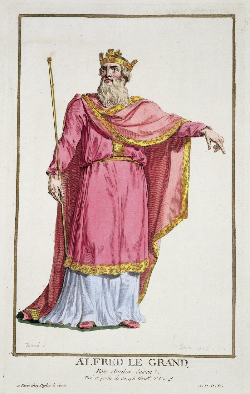 Alfred, o Grande (849-99), de &39;Réuil des Estampes, representando Ranges and Dignites, seguindo o figurino de todas as nações existentes&39;, publicado em 1780 (gravura colorida à mão) de Pierre Duflos