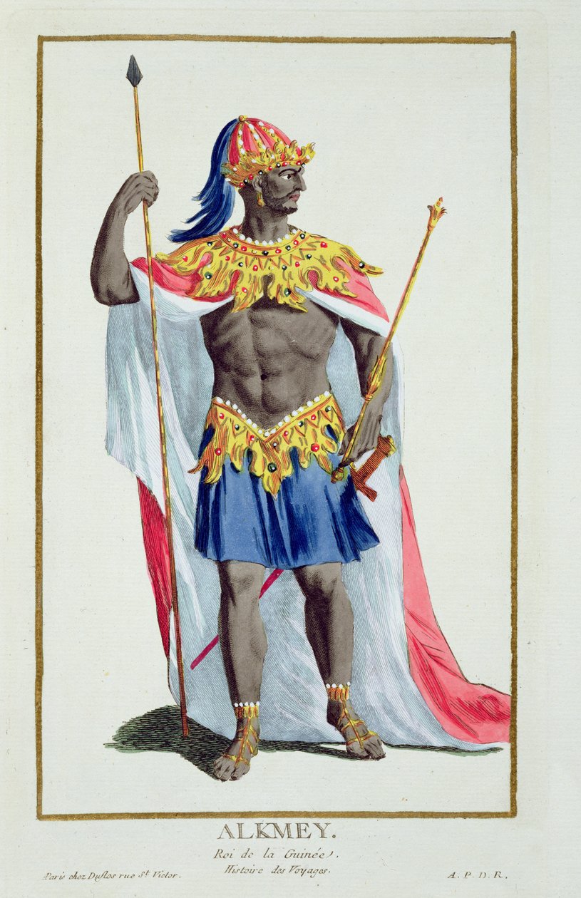 Alkmey, rei da Guiné, da «colecção de gravuras, que representa as cordilheiras e os dignitários, seguindo o figurino de todas as nações existentes», publicado em 1780 (gravura à mão) de Pierre Duflos