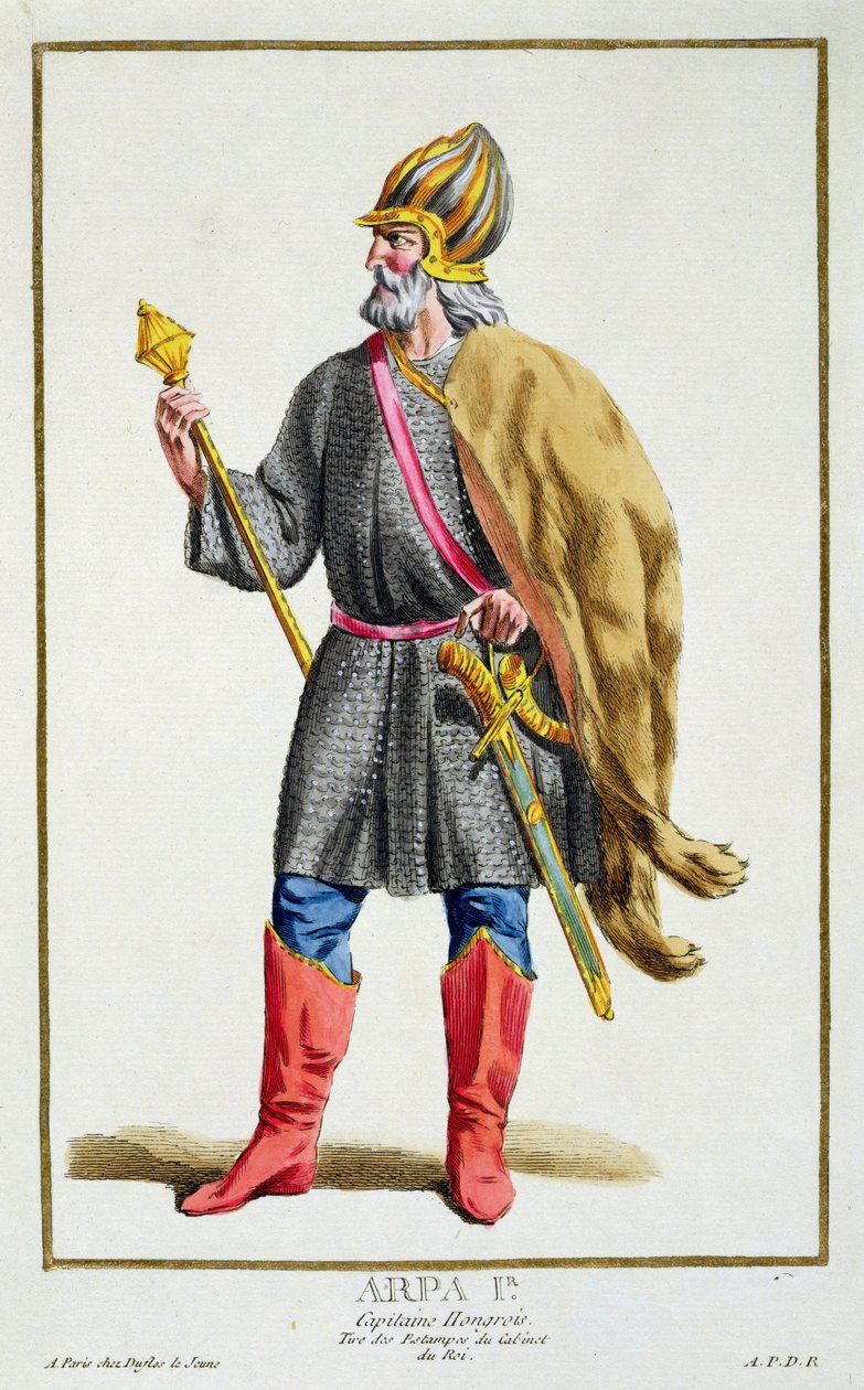 Arpa I de &39;Coleção de Estampas, Representando Cordilheiras e Dignitas, seguindo o Traje de todas as Nações existentes&39;, publicado em 1780 (gravura colorida à mão) de Pierre Duflos