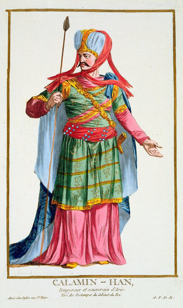Calamin-Han, Imperador e Soberano da Ásia, de &39;Recueil des Estampes, representando as cordilheiras e dignitas, seguindo o traje de todas as nações existentes&39;, publicado em 1780 (alimentado à mão) de Pierre Duflos
