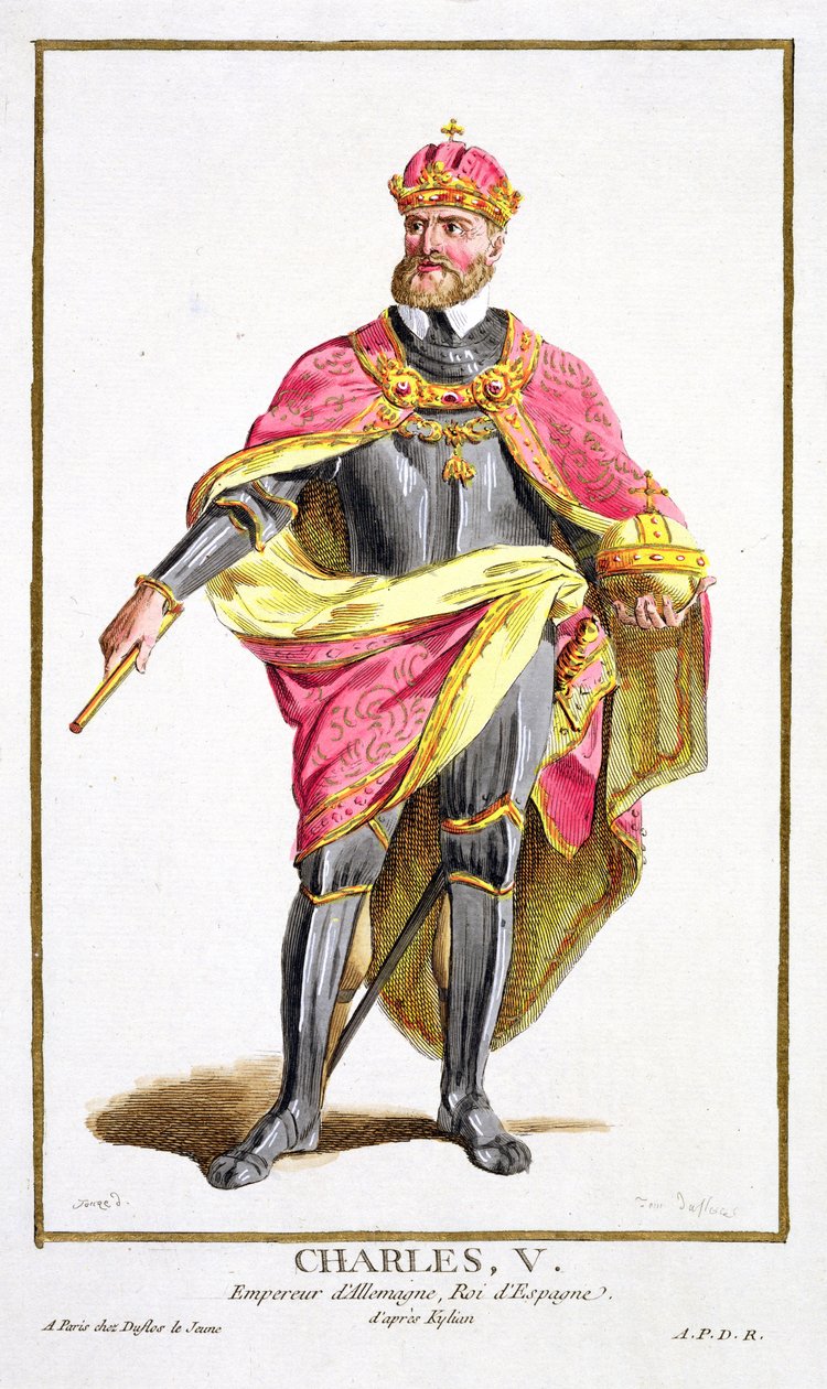 Charles V (1500-58) de &39;Réuil des Estampes, representando Ranges e Dignites, seguindo o figurino de todas as nações existentes&39;, publicado em 1780 (gravura colorida à mão) de Pierre Duflos