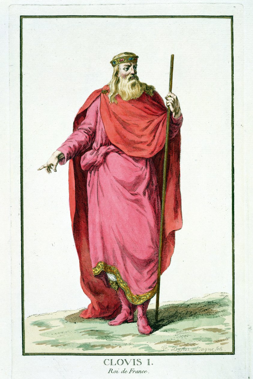 Clovis I (481-511) Rei dos Francos Salianos da &39;Coleção de Gravuras, Representando Cordilheiras e Dignitas, Seguindo o Traje de Todas as Nações Existentes&39;, publicado em 1780 (eng colorido à mão de Pierre Duflos