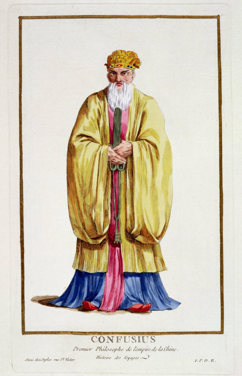 Confúcio (551-479 aC), de Réuil des Estampes, representando Cordilheiras e Dignitas, seguindo o figurino de todas as nações existentes, publicado em 1780 (gravura colorida à mão) de Pierre Duflos