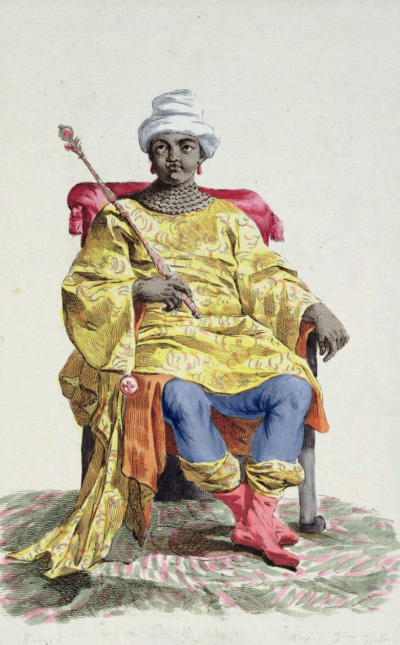 Dom Álvares, rei do Congo, de Réuil des Estampes, representando Cordilheiras e Dignitas, seguindo o figurino de todas as nações existentes, publicado em 1780 (gravura colorida à mão) de Pierre Duflos