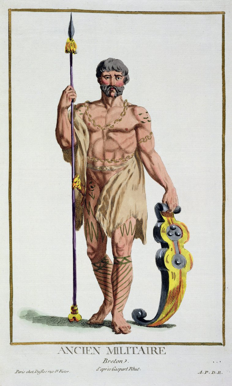 Vestido de um guerreiro bretão de "Coleção de gravuras, representando faixas e dignos, seguindo o figurino de todas as nações existentes", publicado em 1780 (gravura colorida à mão) de Pierre Duflos