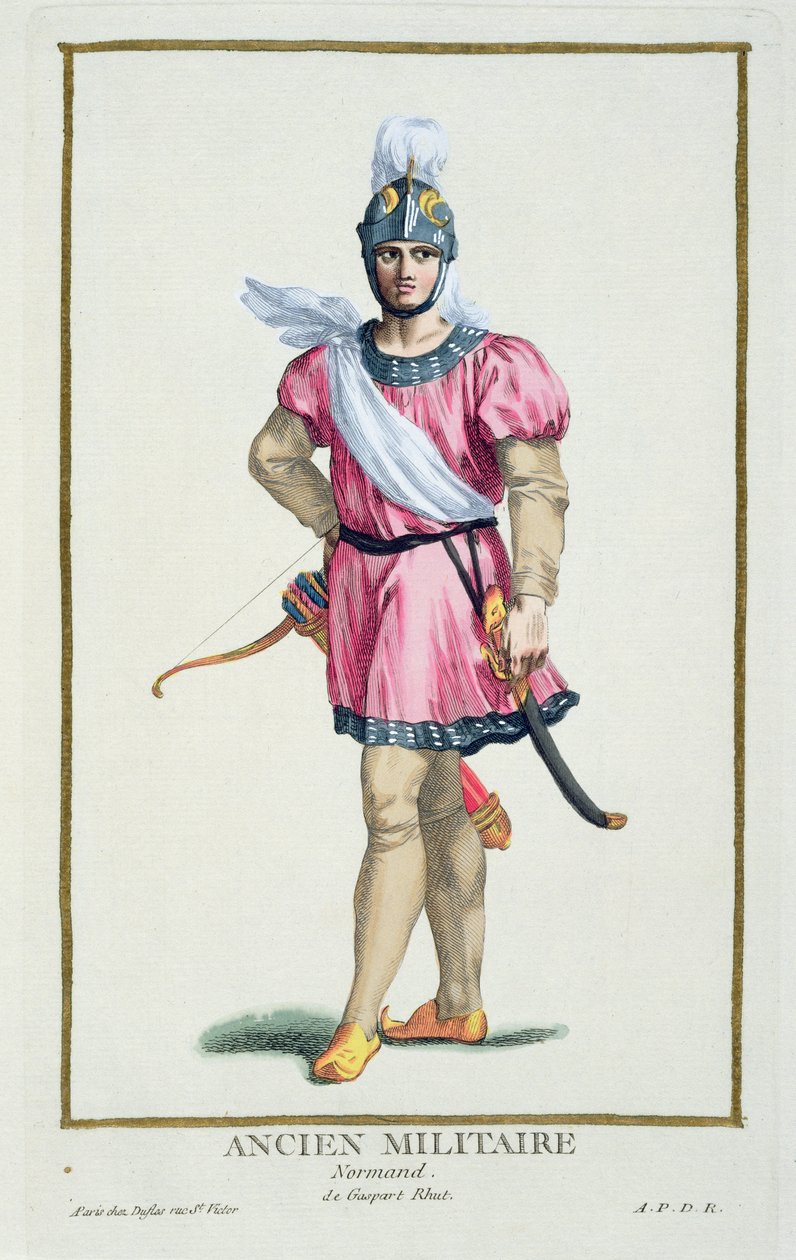 Vestido de um soldado normanda de "Coleção de gravuras, representando as fileiras e os dignitários, seguindo o figurino de todas as nações existentes", publicado em 1780 (gravura colorida à mão) de Pierre Duflos