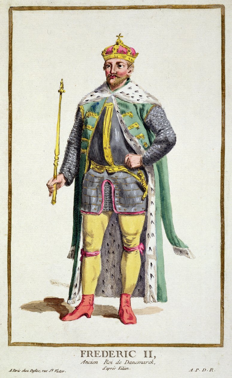 Frederico II (1534-88), rei da Dinamarca, de "Coleção de gravuras, representando faixas e dignitas, seguindo o figurino de todas as nações existentes", publicado em 1780 (gravura colorida à mão) de Pierre Duflos