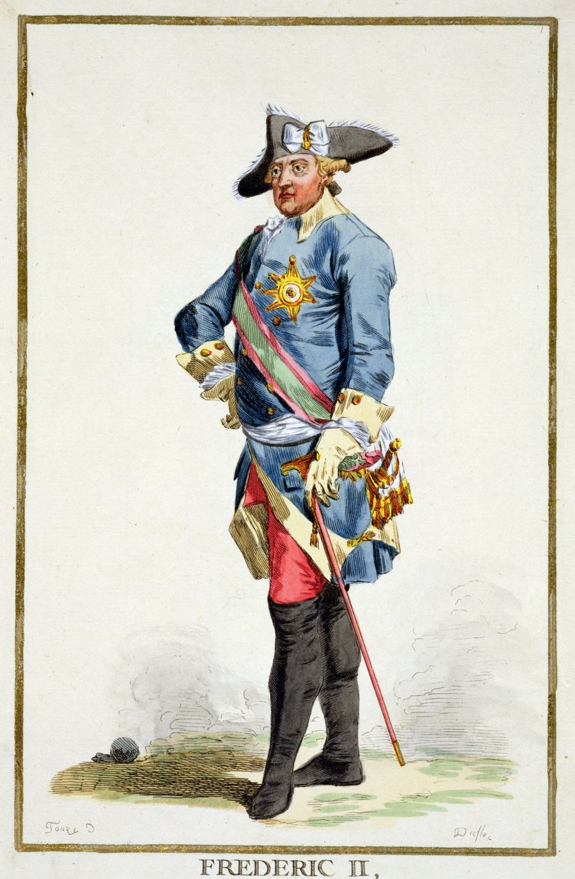 Frederico II o Grande (1712-86) Rei da Prússia (1740-86) de &39;Réuil des Estampes, representando as Cordilheiras e os dignitários, seguindo o figurino de todas as nações existentes&39;, publicado em 1780 (h de Pierre Duflos