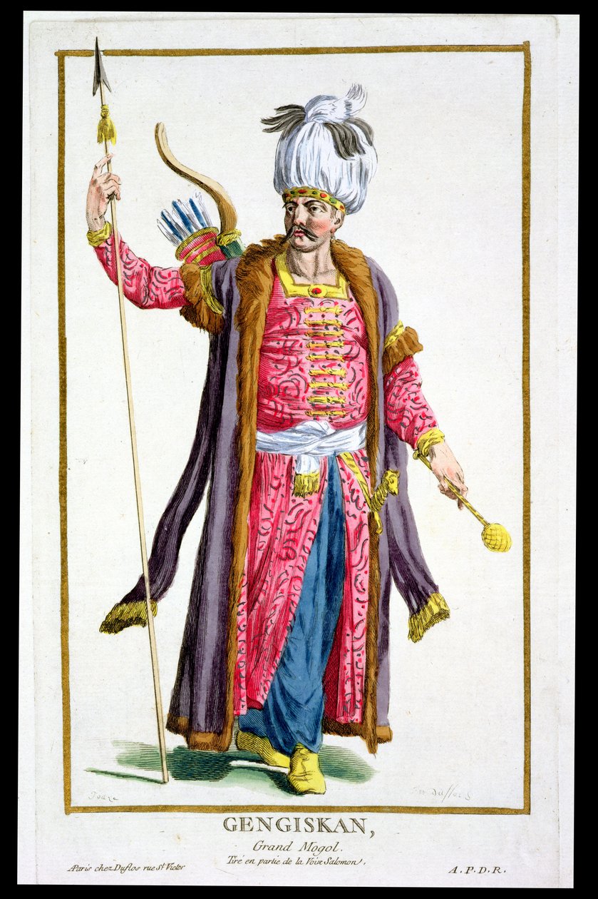 Genghis Khan (c.1162-1227) de &39;Réuil des Estampes, representando Ranges and Dignites, seguindo o figurino de todas as nações existentes&39;, publicado em 1780 (gravura colorida à mão) de Pierre Duflos