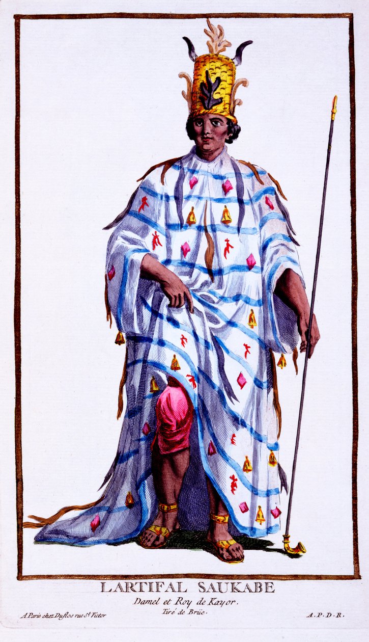 Rei de Kayor, Llartifal Saukabe, de &39;Réuil des Estampes, representando Ranges and Dignites, seguindo o figurino de todas as nações existentes&39;, publicado em 1780 (gravura à mão) de Pierre Duflos