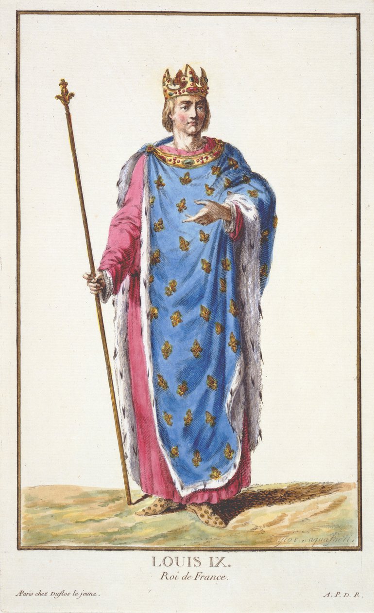 Luís IX (1214-70), rei da França, de "Coleção de gravuras, representando cordilheiras e dignitas, seguindo o figurino de todas as nações existentes", publicado em 1780 (gravura colorida à mão) de Pierre Duflos