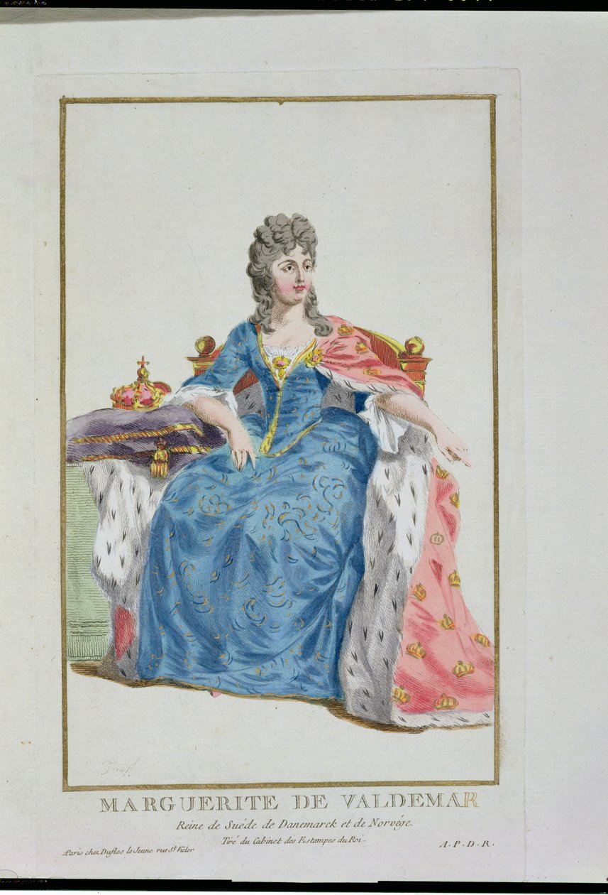 Margaret (1353-1412) Rainha da Dinamarca, Noruega e Suécia, de &39;Réuil des Estampes, representando Ranges and Dignites, seguindo o figurino de todas as nações existentes&39;, publicado em 1780 de Pierre Duflos