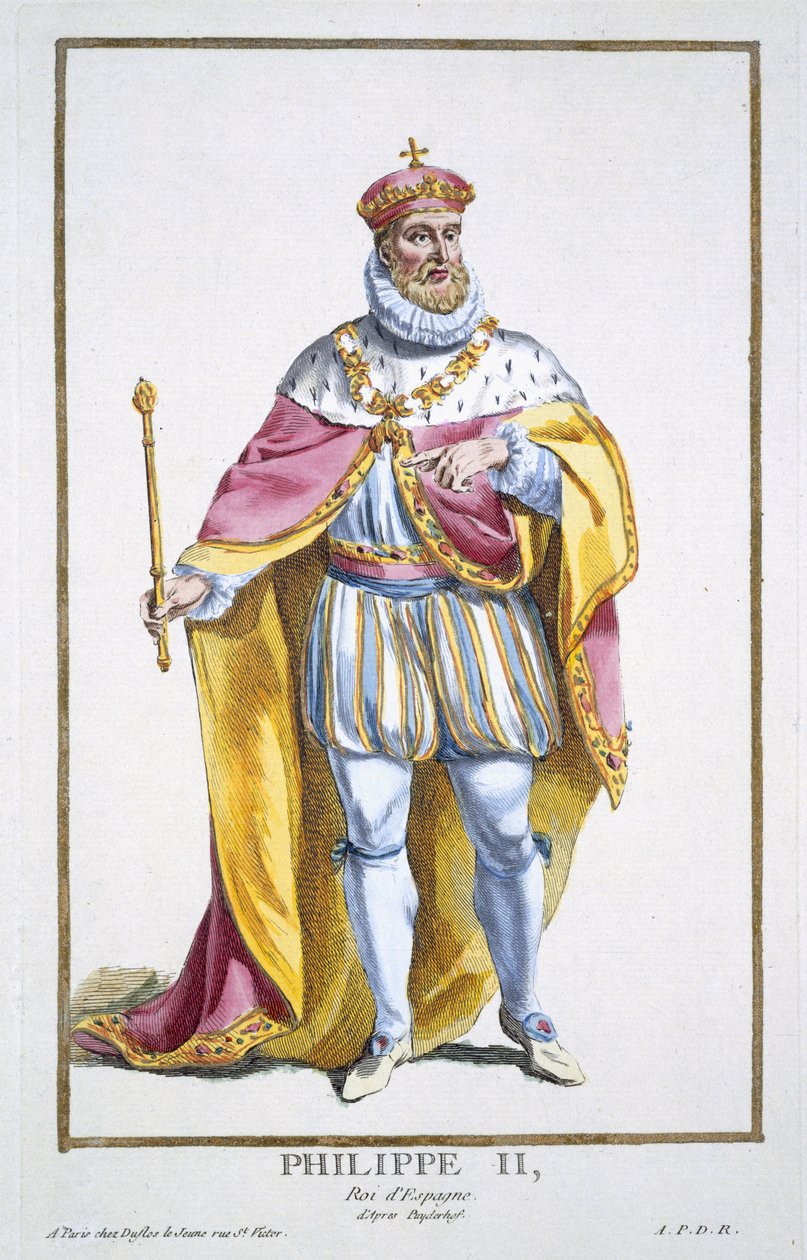 Filipe II (1527-98), rei da Espanha, de &39;Coleção de gravuras, representando faixas e dignitas, seguindo o figurino de todas as nações existentes&39;, publicado em 1780 (gravura colorida à mão) de Pierre Duflos