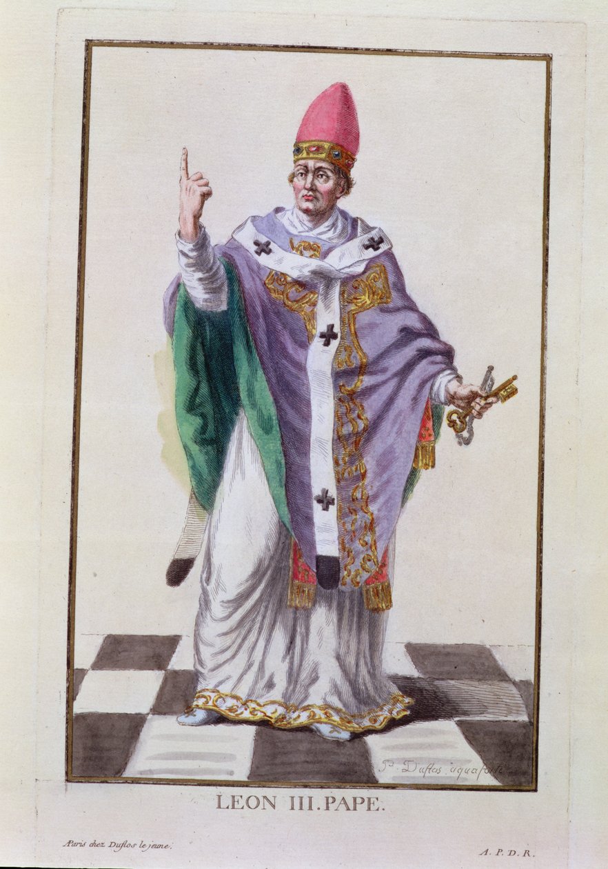 Papa Leão III (795-816) de Réuil des Estampes, representando Cordilheiras e Dignitas, seguindo o figurino de todas as nações existentes, publicado em 1780 (gravura colorida à mão) de Pierre Duflos