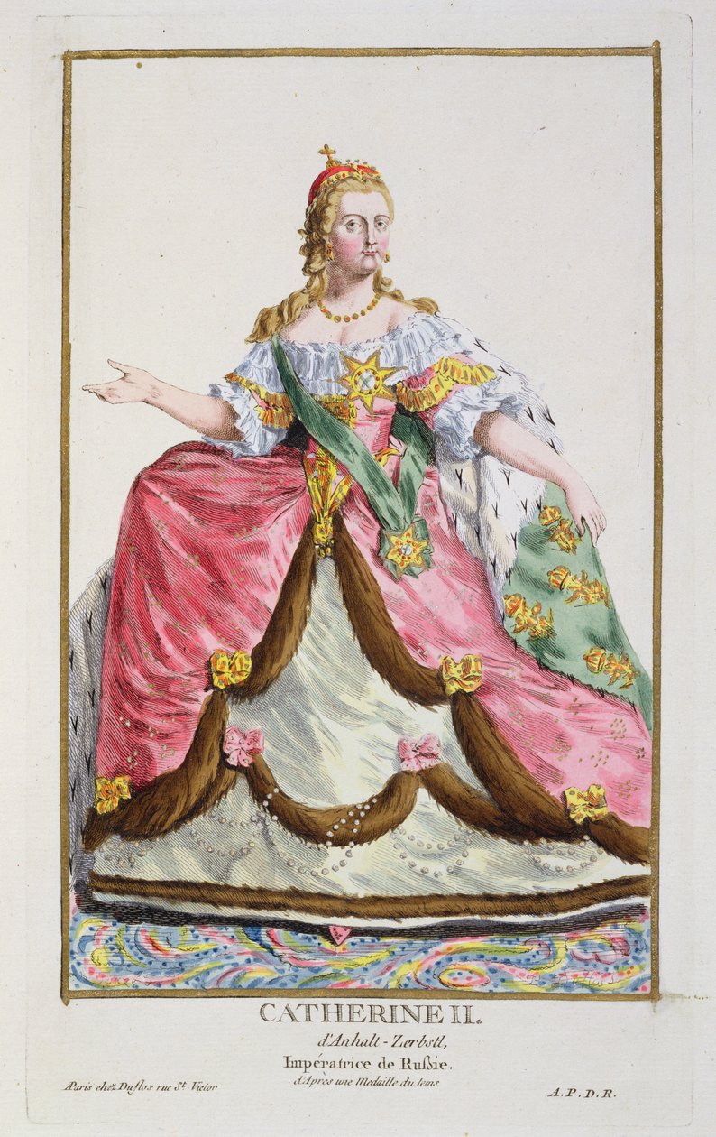 Retrato da Imperatriz Catarina II "O Grande" da Rússia (1729-96), de uma coleção de placas retratando diferentes Fantasias do Mundo, 1780 (gravura em cobre colorida à mão com dourado) de Pierre Duflos