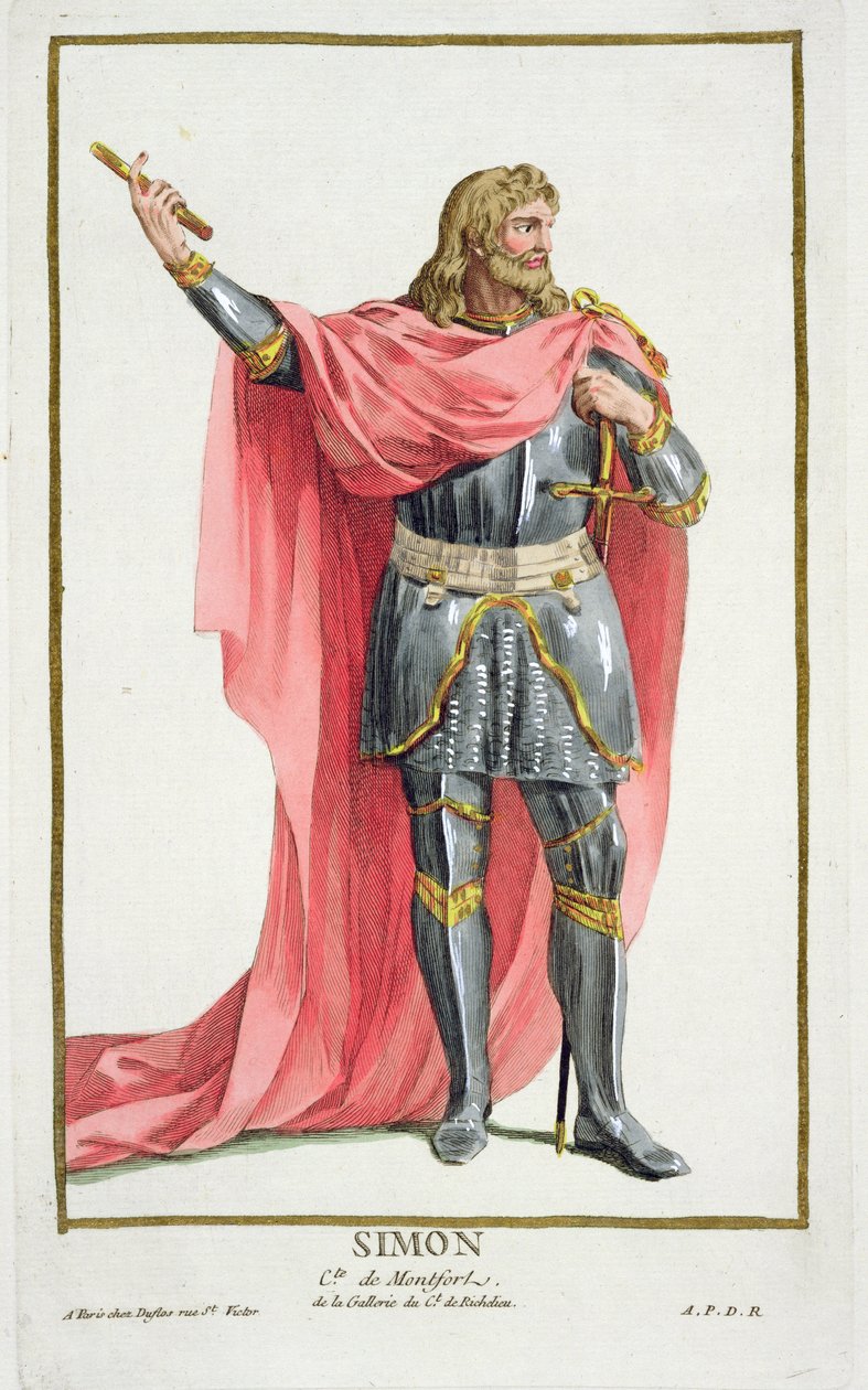 Simon de Montfort (c.1165-1218) de &39;Réuil des Estampes, representando Ranges and Dignites, seguindo o figurino de todas as nações existentes&39;, publicado em 1780 (gravura colorida à mão) de Pierre Duflos