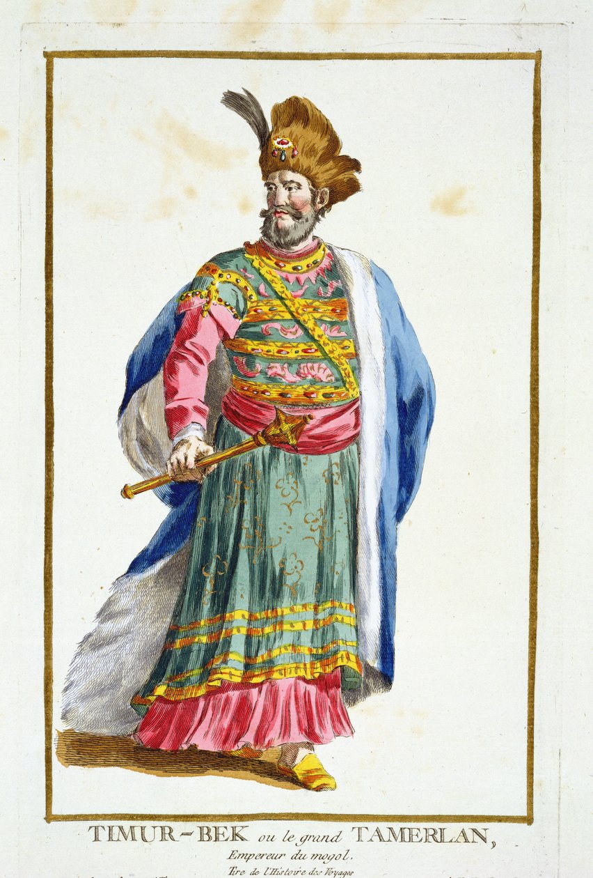 Tamburlaine (1336-1405) de &39;Receuil des Estampes, representando Ranges e Dignites, seguindo o figurino de todas as nações existentes&39;, publicado em 1780 (gravura colorida à mão) de Pierre Duflos