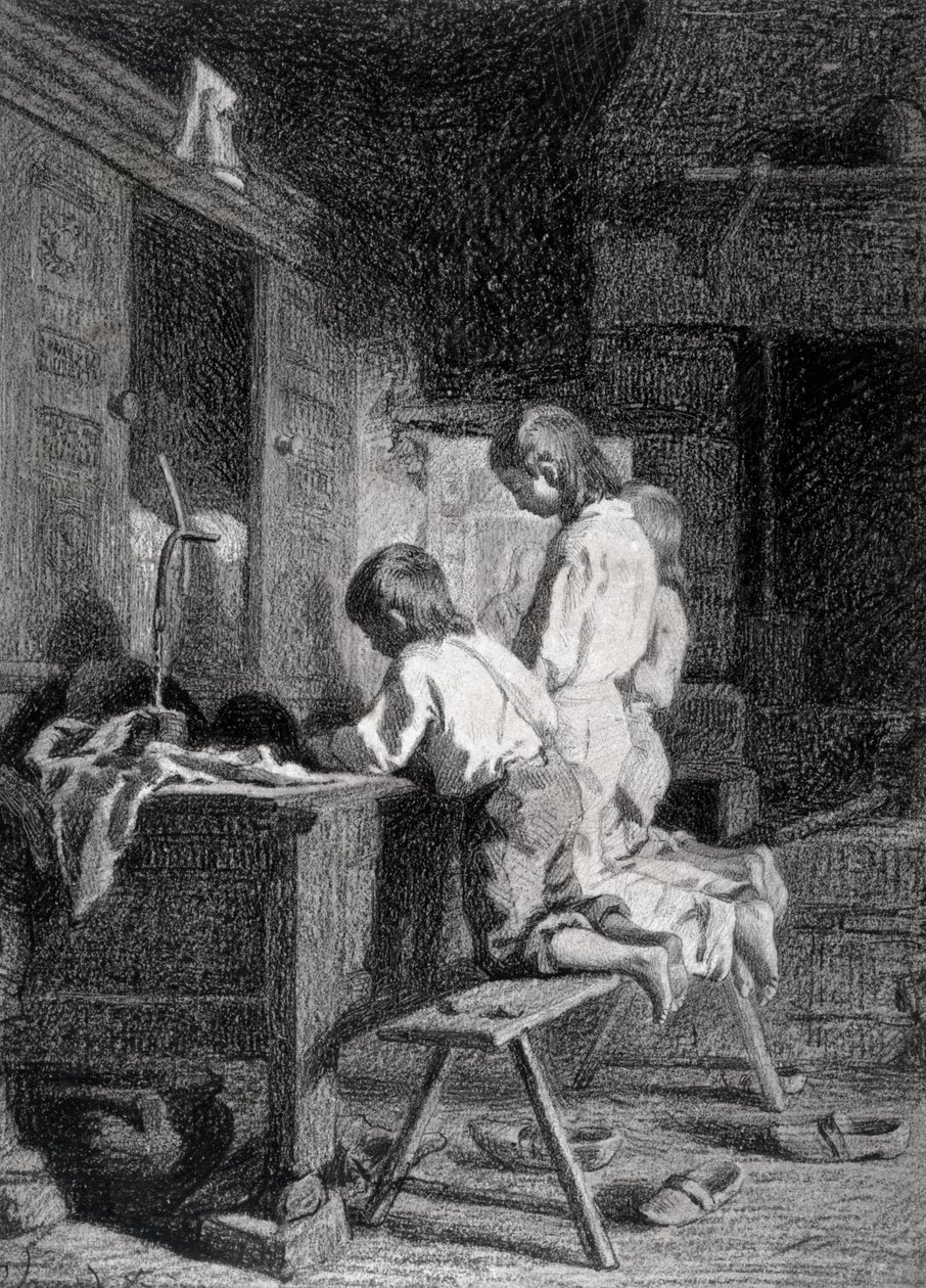 Interior com três meninos ajoelhado (lápis preto sobre tinta marrom lavar no papel) de Pierre Edouard Frere