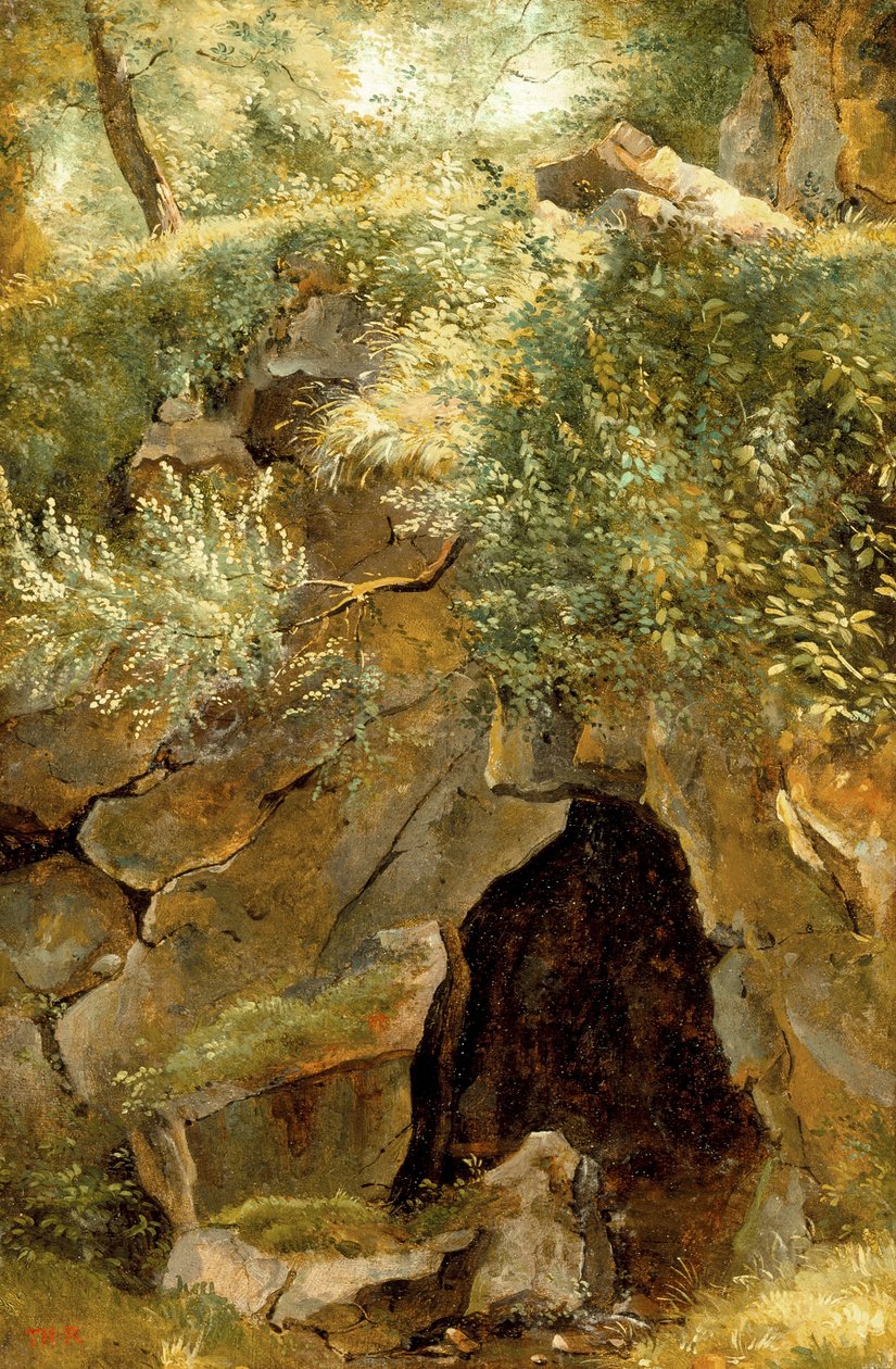 A caverna, 1828-30 (óleo sobre papel montado sobre tela) de Pierre Etienne Theodore Rousseau