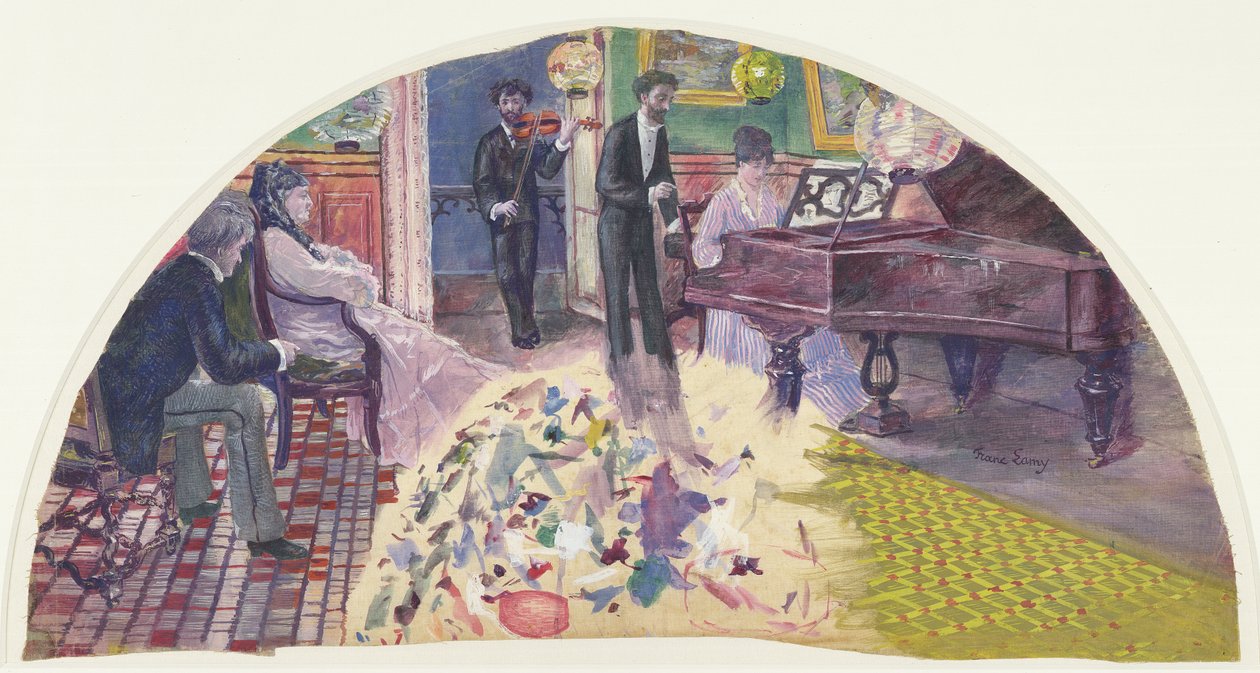 Esboço para um fã representando o salão de Nina de Callias com Callias ao piano, Ernest Cabaner ao lado dela e Charles Cros no violino, c.1875-77 (guache e wc na tela) de Pierre Franc Lamy