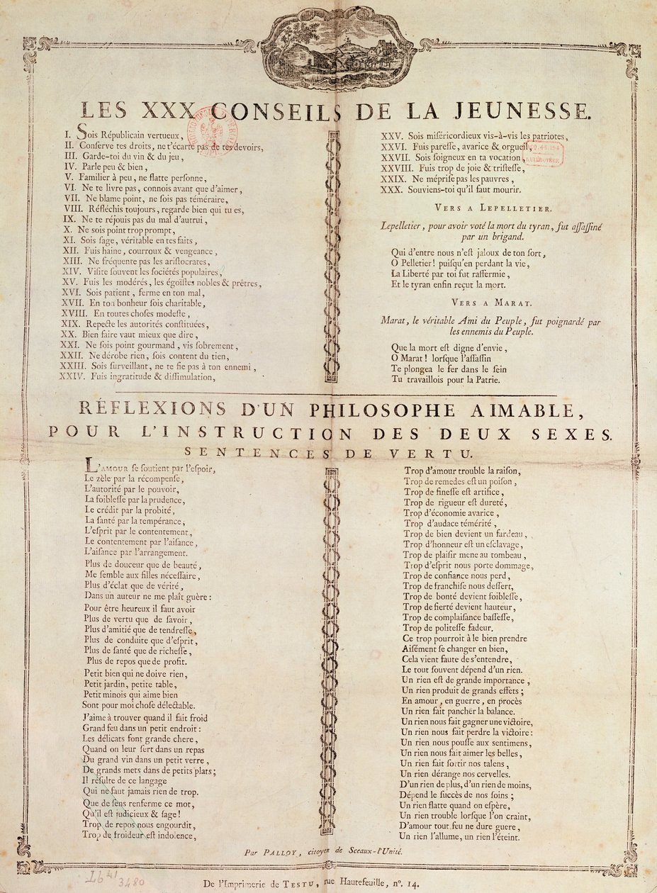 Trinta Pedaços de Conselho para os Jovens: Reflexões de um filósofo para a instrução de ambos os sexos, 1794 (impressão) de Pierre Francois Palloy