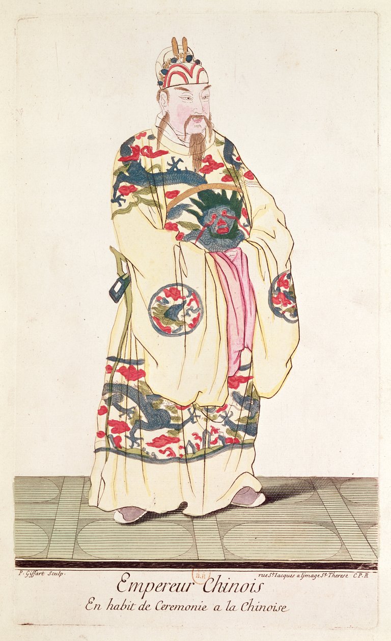 Imperador chinês em traje cerimonial, de &39;Estat Present de la Chine&39; por Pere Bouvet, 1697 de Pierre Giffart