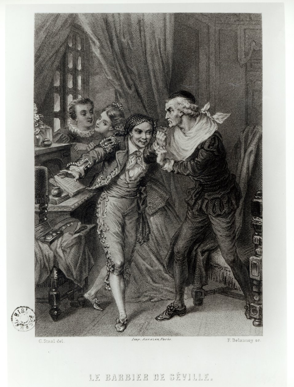 Figaro, ilustração do Ato III Cena 12 de &39;O Barbeiro de Sevilha&39; de Pierre Agostinho Caron de Beaumarchais (1732-99) gravado por Ferdinand Delanoy (fl.1850) 1874 de Pierre Gustave Eugene Staal