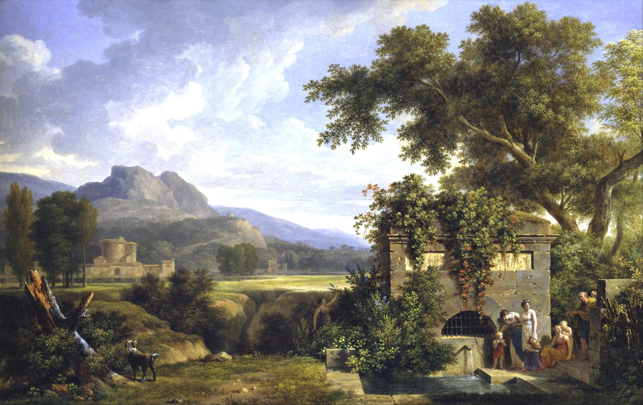 Paisagem clássica com figuras bebendo por uma fonte de Pierre Henri de Valenciennes