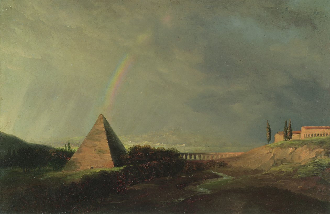 Pirâmide e arco-íris (óleo no papel no cartão) de Pierre Henri de Valenciennes