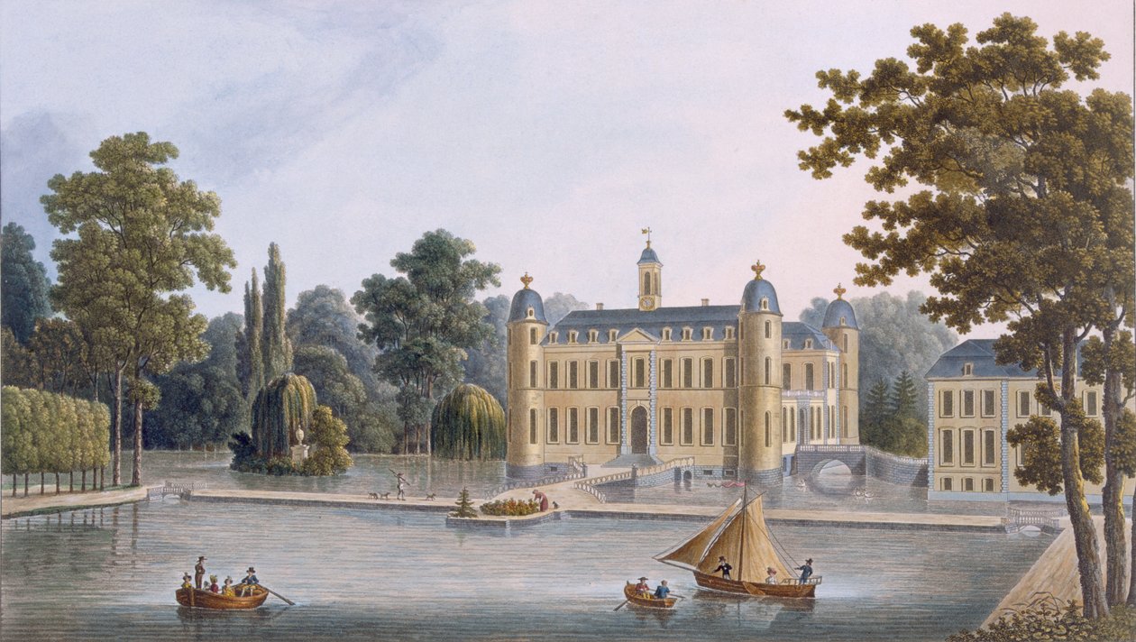 Castelo de Beloeil, de "Escolha dos Monumentos, Edifícios Notáveis e Casas do Reino dos Países Baixos", publicado em 1827 de Pierre Jacques Goetghebuer