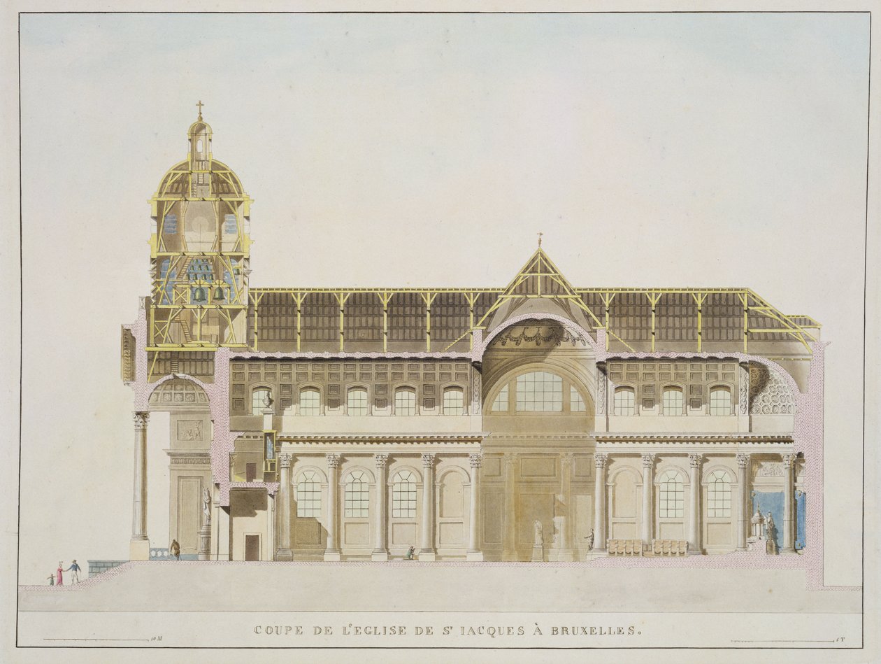Secção transversal da Igreja de St. Jacques, em Bruxelas, de "Escolha dos Monumentos, Edifícios e Casas Mais Excelentes do Reino dos Países Baixos" por Pierre Jacques Goetghebuer, publicado em 1827 (aquat de Pierre Jacques Goetghebuer