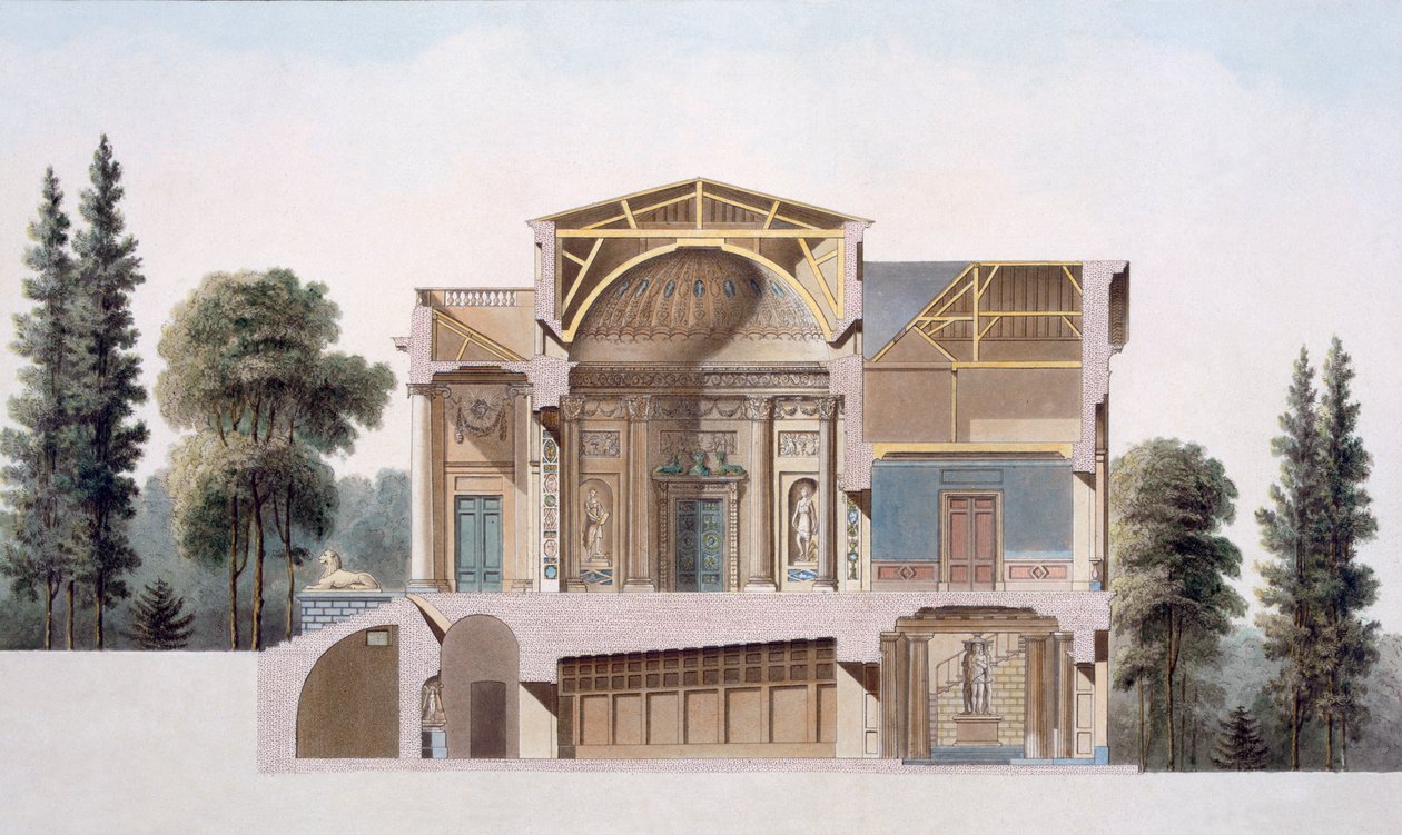 Secção transversal de uma casa de campo em Laeken, da "Escolha dos Monumentos, dos Edifícios e Casas Mais Destacados do Reino dos Países Baixos", publicada em 1827 de Pierre Jacques Goetghebuer