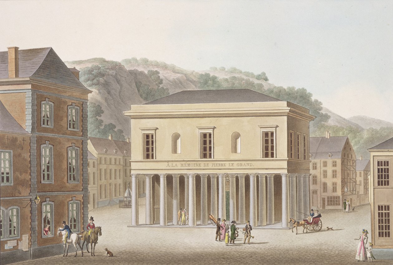 Pórtico da Fonte de Pouhon em Spa, de &39;Escolha dos Monumentos, Edifícios e Casas do Reino dos Países Baixos&39; por Pierre Jacques Goetghebuer, publicado em 1827 (aquatint) de Pierre Jacques Goetghebuer
