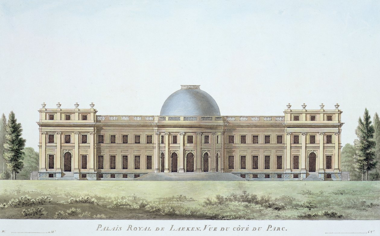 Palácio Real de Laeken, Vista do Parque, de &39;Escolha dos Monumentos, Prédios e Casas mais notáveis do Reino dos Países Baixos&39; por Pierre Jacques Goetghebuer, publicado em 1827 (aquatint) de Pierre Jacques Goetghebuer