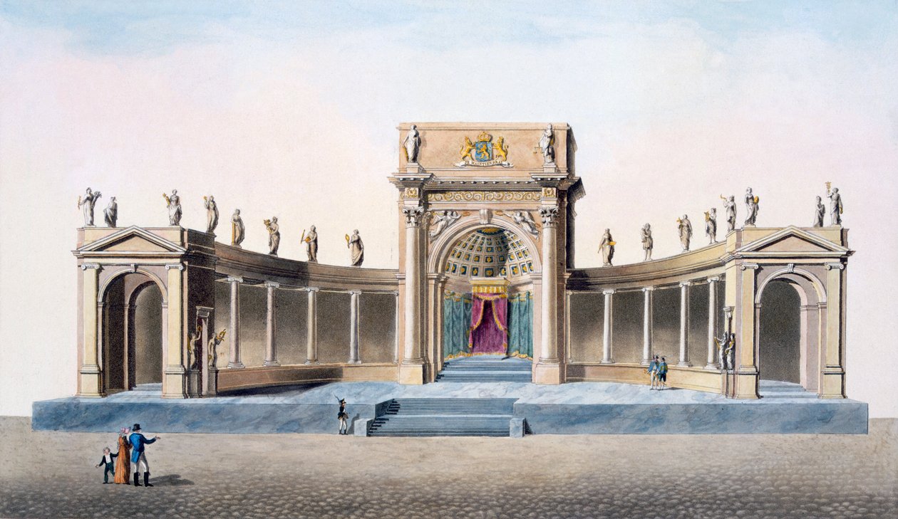 Teatro em Bruxelas erguido para a inauguração do rei em 1815, de "Escolha dos mais notáveis monumentos, edifícios e casas do Reino dos Países Baixos", publicado em 1827 de Pierre Jacques Goetghebuer