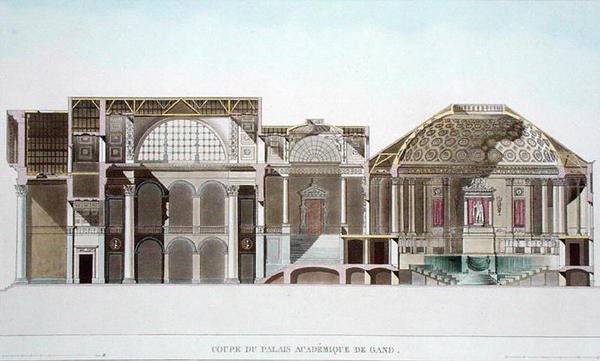 Secção transversal do Palácio Académico em Gante, da escolha de monumentos, edifícios e das mais notáveis casas do Reino dos Países Baixos por Pierre Jacques Goetghebuer, gravado por L. Roelandt, pub de Pierre Jacques after Goetghebuer