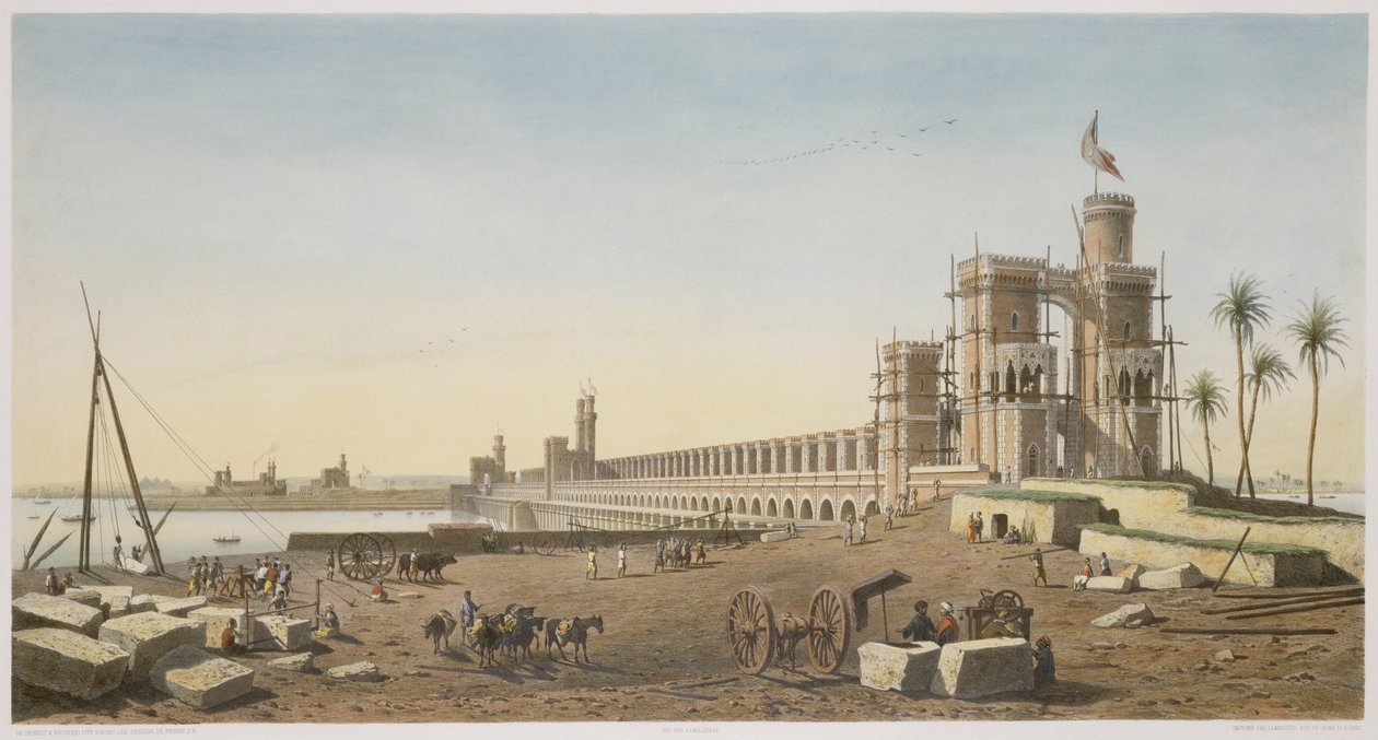 A represa através do Nilo, o edifício da represa de Aswan, gravado por Philippe Benoist (1813-c. 1905) e Eugene Ciceri (1813-90) 1853 de Pierre Joseph Bazin