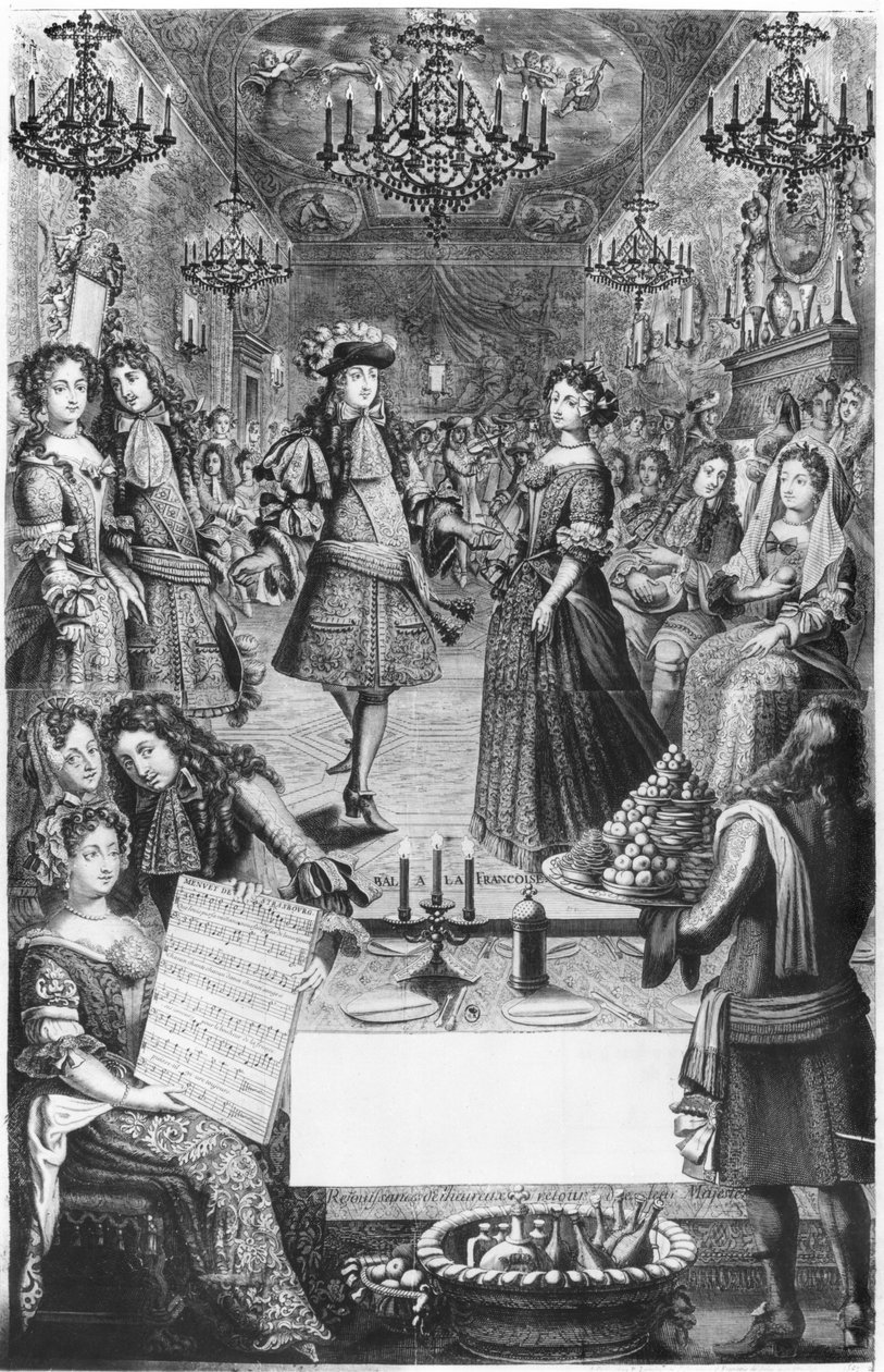 Baile francês, Royal Almanac, com uma folha de pontuação do &39;Menuet de Strasbourg&39; por Marc Antoine Charpentier (1634-1704) 1682 de Pierre Landry