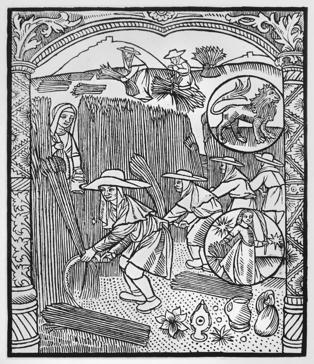Agosto, colheita, Leão, ilustração do &39;Almanach des Bergers&39;, 1491 (xilogravura) de Pierre Le Rouge
