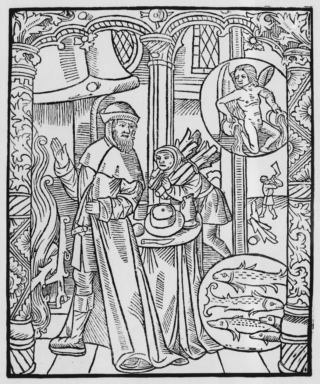 Fevereiro, cena interior, Aquário, ilustração do &39;Almanach des Bergers&39;, 1491 (xylograph) de Pierre Le Rouge