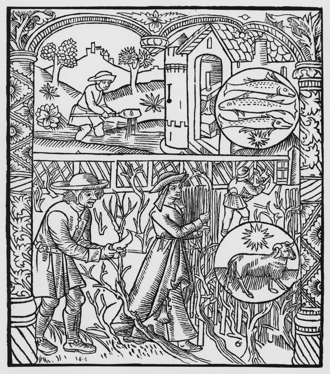 Março, pesca e poda de árvores, Peixes, ilustração do &39;Almanach des Bergers&39;, 1491 (xylograph) de Pierre Le Rouge