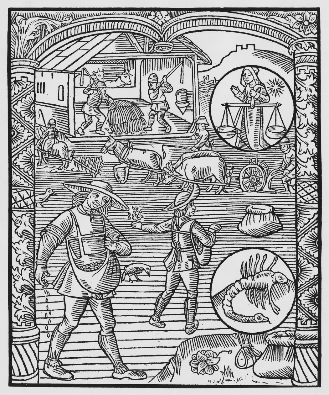 Outubro, semeando, arando e debulhando, Libra, ilustração do &39;Almanach des Bergers&39;, 1491 (xilogravura) de Pierre Le Rouge
